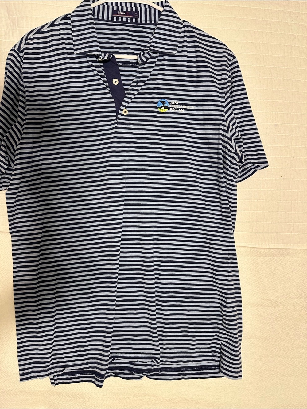 johnnie-O Navy & White Striped Polo Shirt- AT&T Pebble Beach Pro-Am